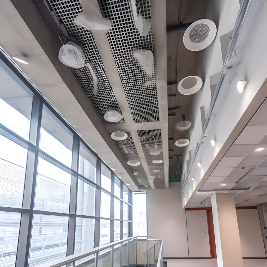 Interior of a modern office building with ceiling lights and ven