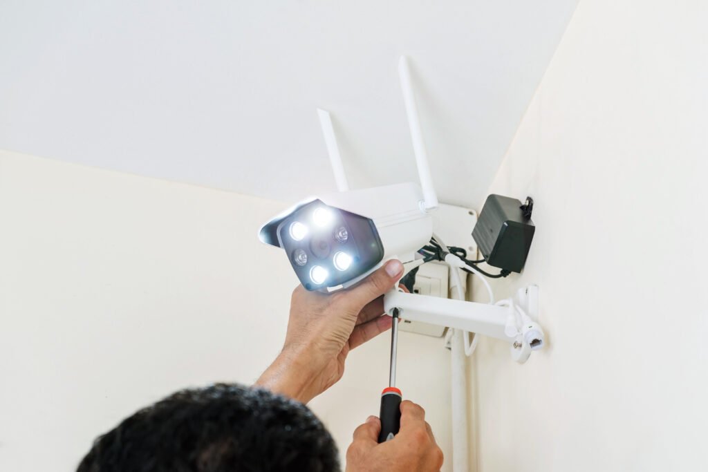 Technicians are installing a wireless CCTV camera.